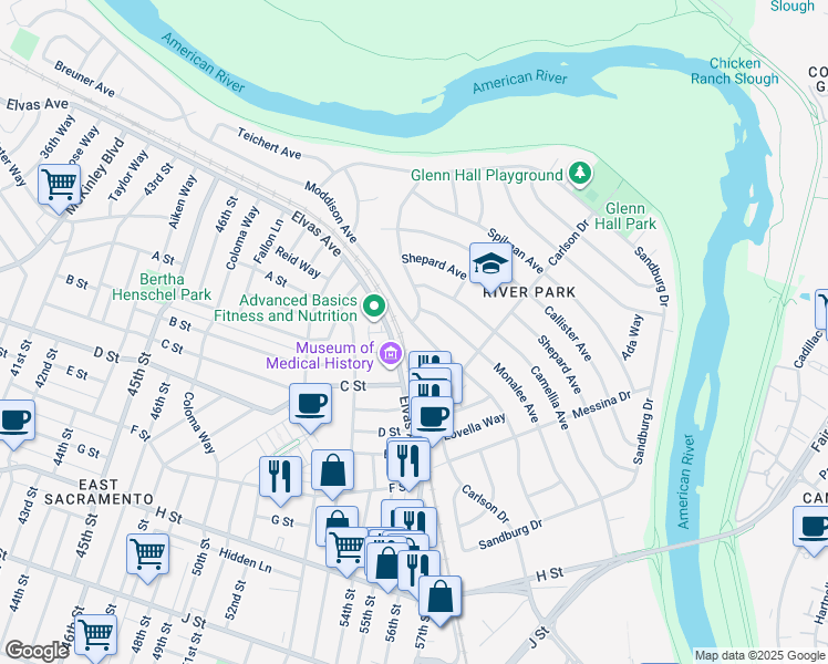 map of restaurants, bars, coffee shops, grocery stores, and more near 5290 Moddison Avenue in Sacramento