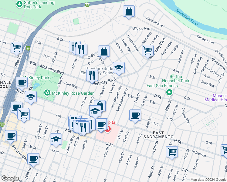 map of restaurants, bars, coffee shops, grocery stores, and more near 445 39th Street in Sacramento
