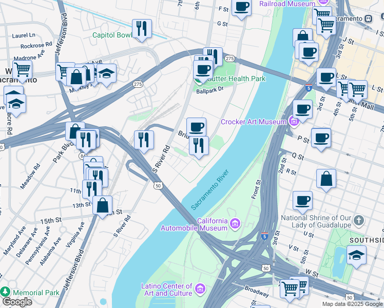 map of restaurants, bars, coffee shops, grocery stores, and more near 978 Riverfront Street in West Sacramento