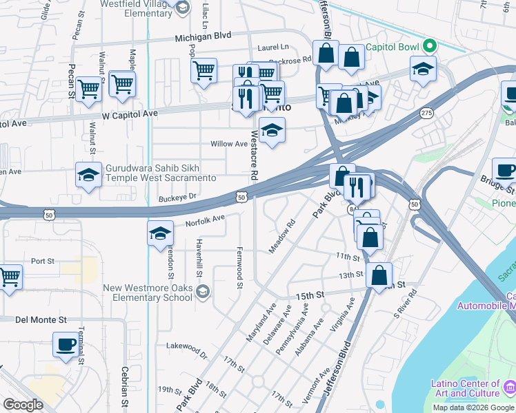 map of restaurants, bars, coffee shops, grocery stores, and more near 731 Webster Street in West Sacramento