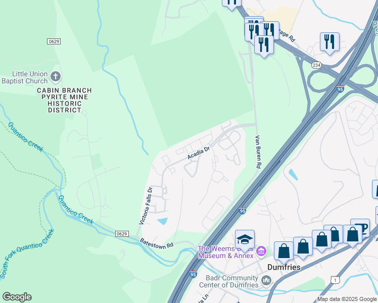 map of restaurants, bars, coffee shops, grocery stores, and more near 17380 Hot Springs Way in Dumfries