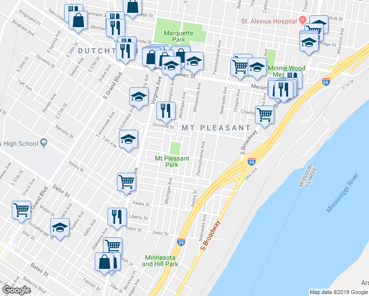 map of restaurants, bars, coffee shops, grocery stores, and more near 4435 Minnesota Avenue in St. Louis