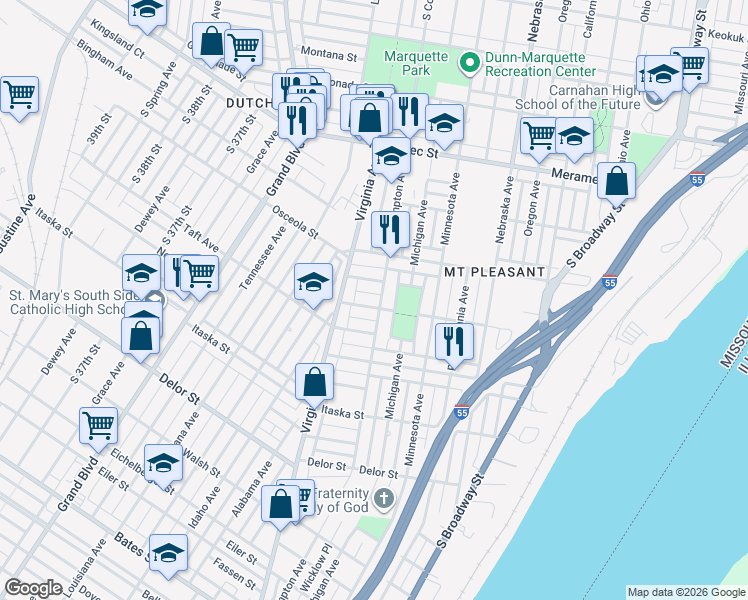 map of restaurants, bars, coffee shops, grocery stores, and more near 3217 Dakota Street in St. Louis