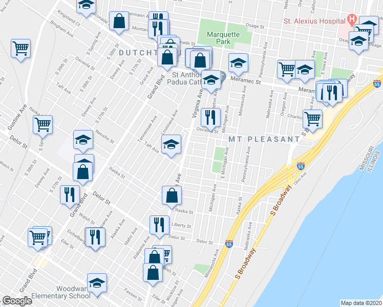 map of restaurants, bars, coffee shops, grocery stores, and more near 3217 Dakota Street in St. Louis