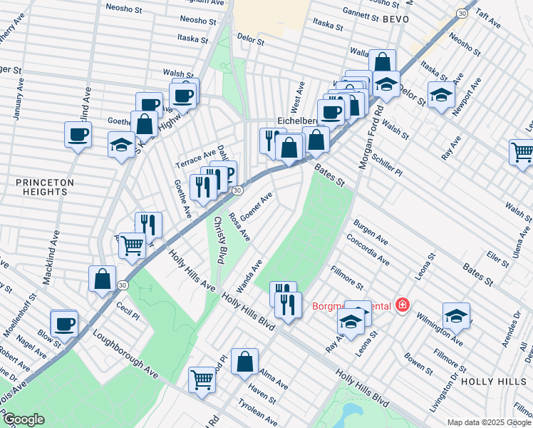 map of restaurants, bars, coffee shops, grocery stores, and more near 5832 Goener Avenue in St. Louis