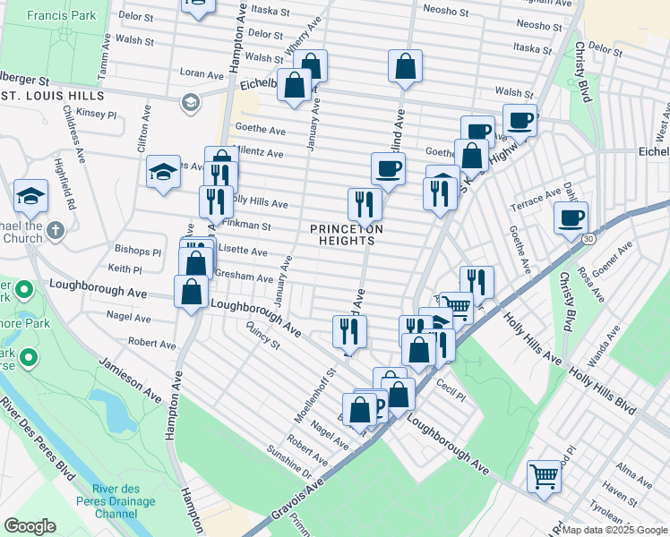 map of restaurants, bars, coffee shops, grocery stores, and more near 5426 Lisette Avenue in St. Louis