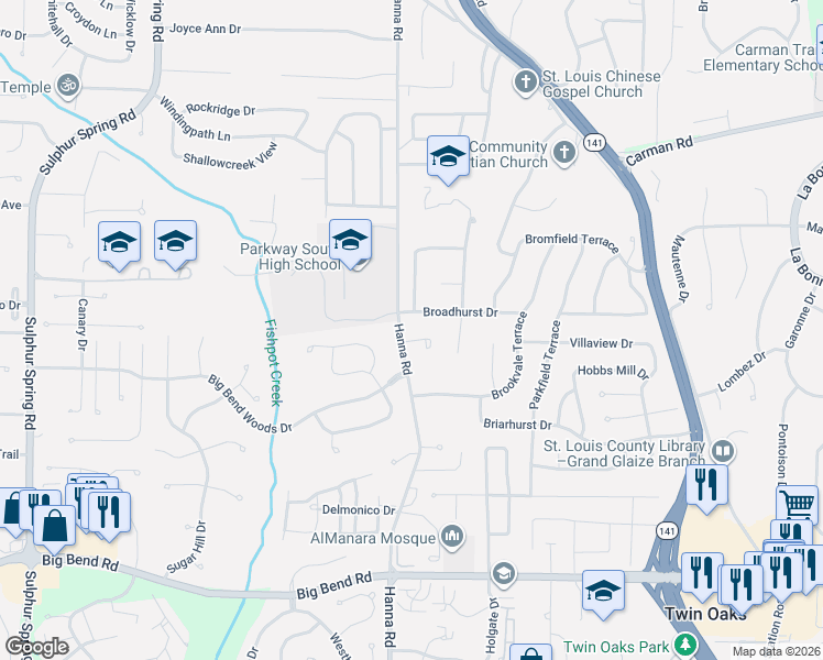 map of restaurants, bars, coffee shops, grocery stores, and more near 902 Broadhurst Drive in Ballwin