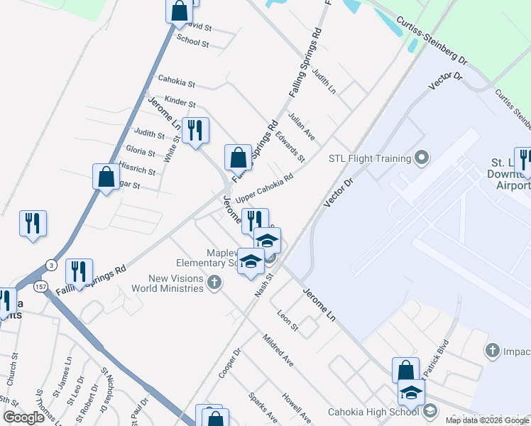 map of restaurants, bars, coffee shops, grocery stores, and more near 429 Godin Street in Cahokia