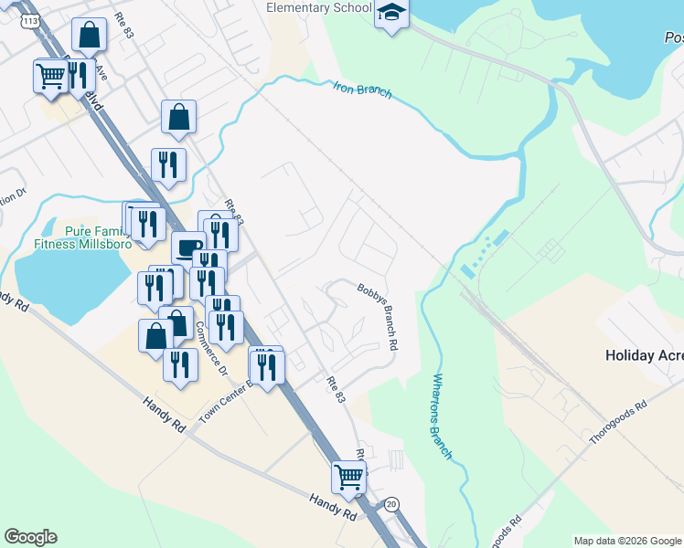 map of restaurants, bars, coffee shops, grocery stores, and more near 202 Bobbys Branch Road in Millsboro