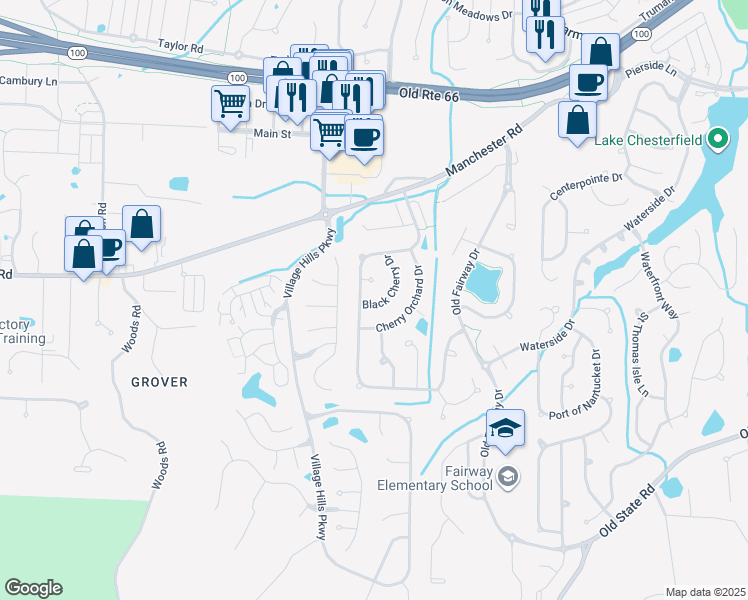 map of restaurants, bars, coffee shops, grocery stores, and more near 16349 Black Cherry Drive in Wildwood