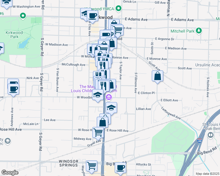 map of restaurants, bars, coffee shops, grocery stores, and more near 420 South Kirkwood Road in Kirkwood