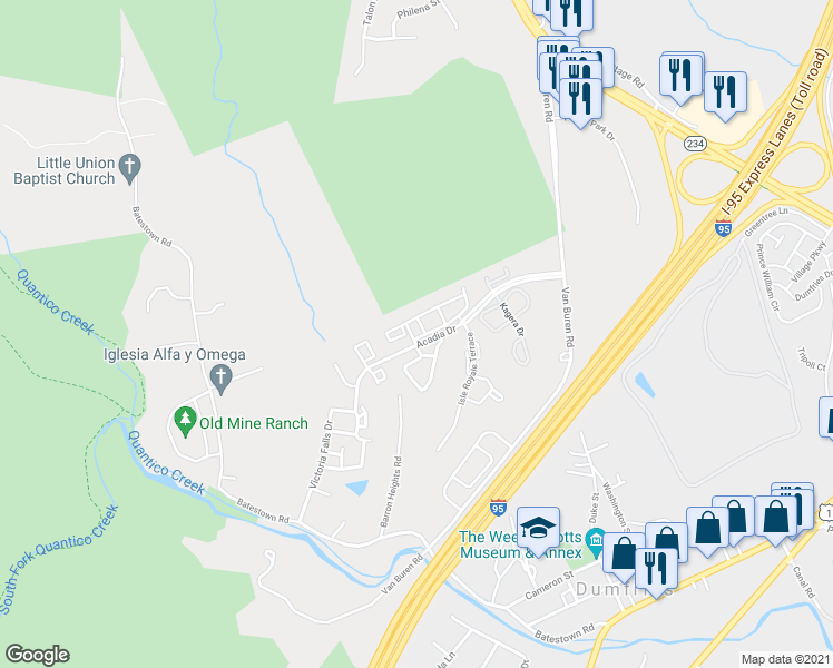 map of restaurants, bars, coffee shops, grocery stores, and more near 17380 Hot Springs Way in Dumfries