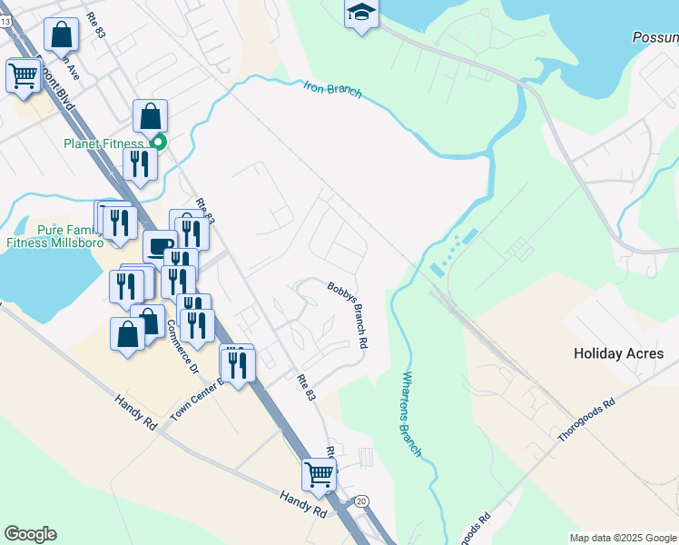 map of restaurants, bars, coffee shops, grocery stores, and more near 357 Windflower Drive in Long Neck