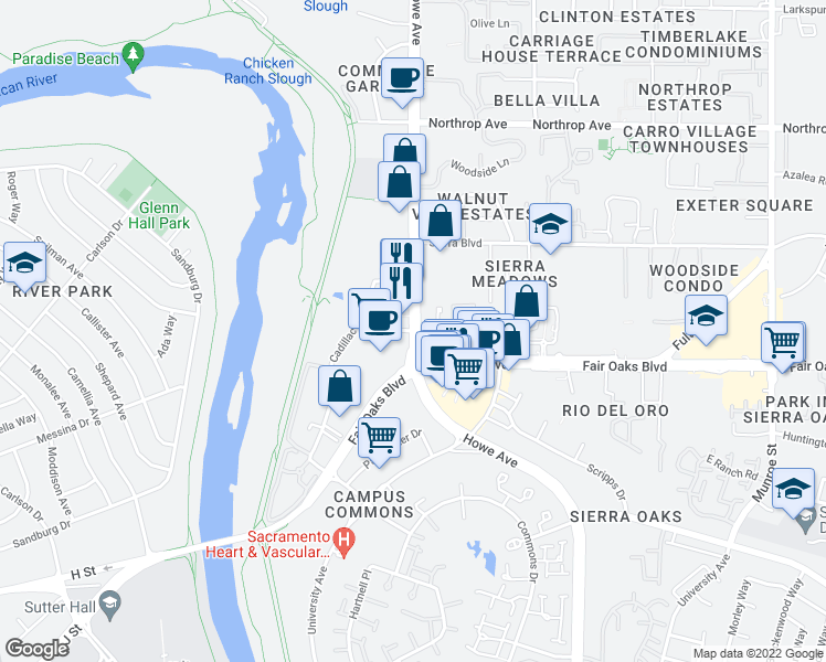 map of restaurants, bars, coffee shops, grocery stores, and more near Howe Ave & Cadillac Dr in Sacramento