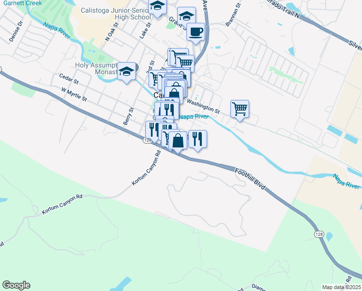 map of restaurants, bars, coffee shops, grocery stores, and more near 1001 Myrtle Street in Calistoga