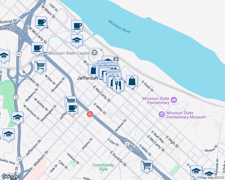 map of restaurants, bars, coffee shops, grocery stores, and more near 222 East High Street in Jefferson City