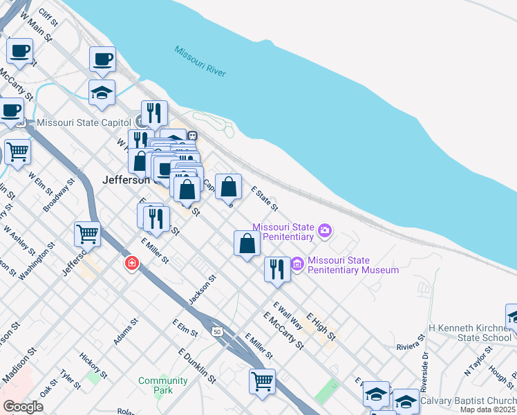 map of restaurants, bars, coffee shops, grocery stores, and more near 417 East Parsons Way in Jefferson City