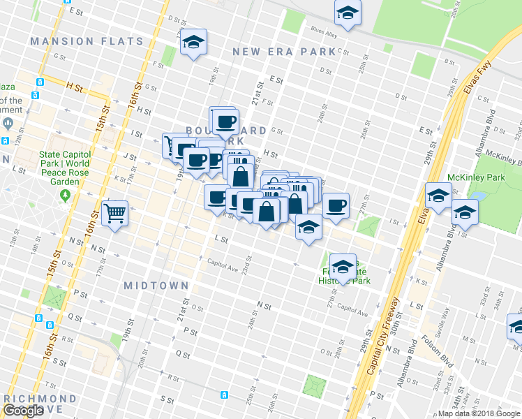 map of restaurants, bars, coffee shops, grocery stores, and more near 1008 23rd Street in Sacramento