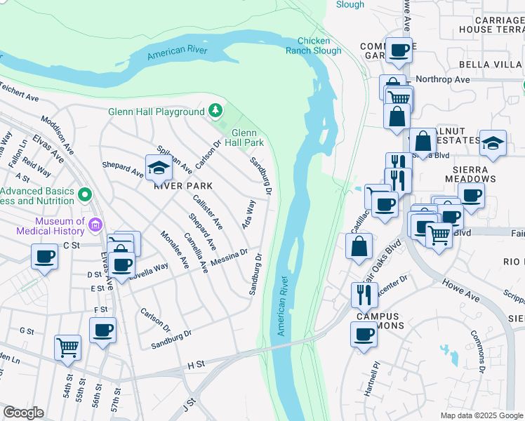 map of restaurants, bars, coffee shops, grocery stores, and more near 54 Sandburg Drive in Sacramento