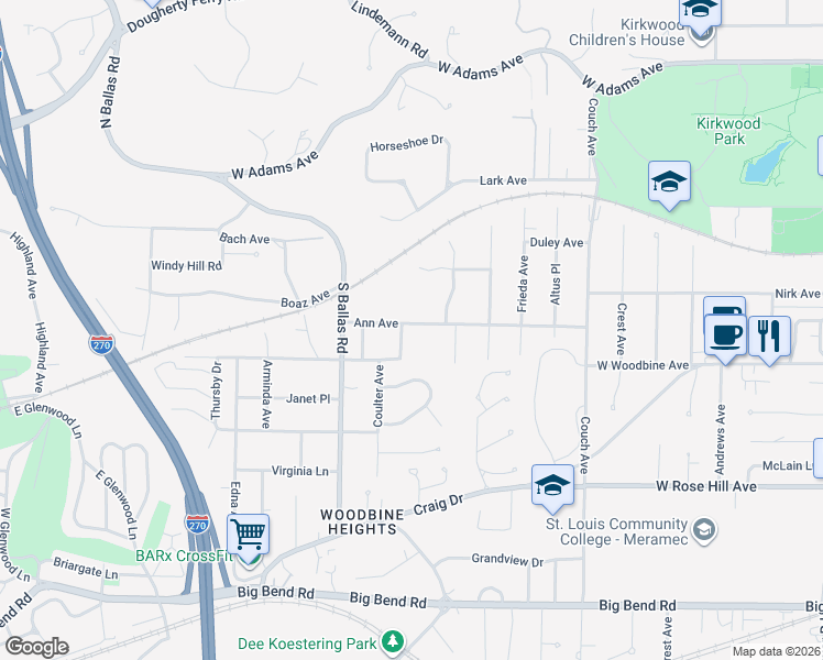 map of restaurants, bars, coffee shops, grocery stores, and more near 406 Meyer Avenue in Kirkwood