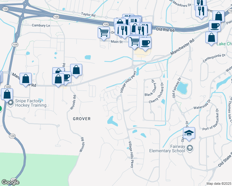 map of restaurants, bars, coffee shops, grocery stores, and more near 16518 Carriage View Court in Wildwood