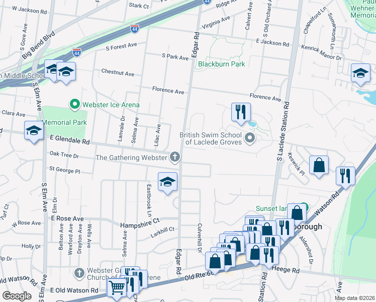 map of restaurants, bars, coffee shops, grocery stores, and more near 510 Edgar Court in Webster Groves
