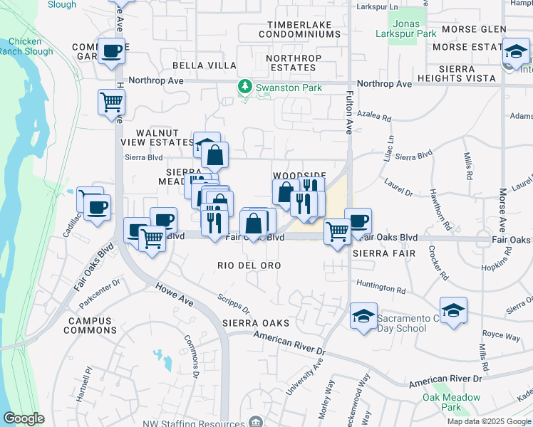 map of restaurants, bars, coffee shops, grocery stores, and more near 2345 Fair Oaks Boulevard in Sacramento