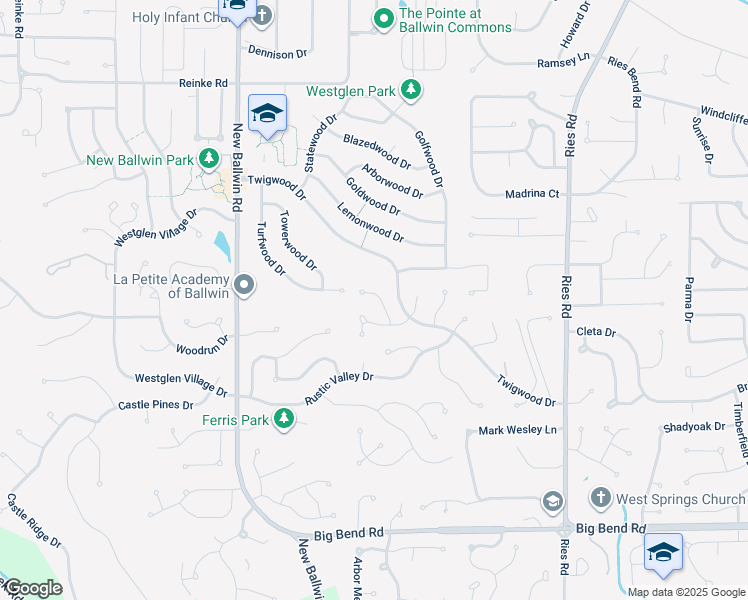 map of restaurants, bars, coffee shops, grocery stores, and more near 421 Harvest Hill Court in Ballwin