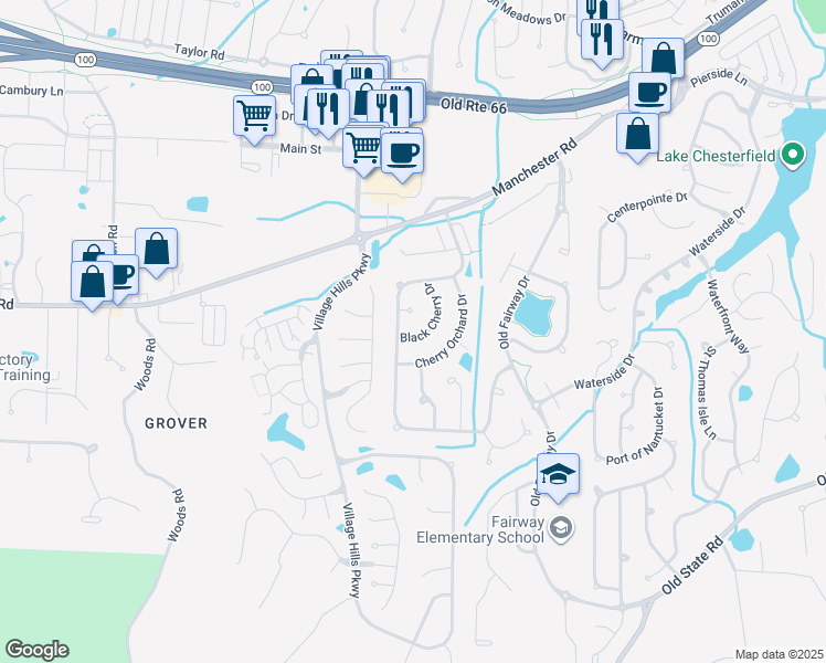 map of restaurants, bars, coffee shops, grocery stores, and more near 16349 Black Cherry Drive in Wildwood