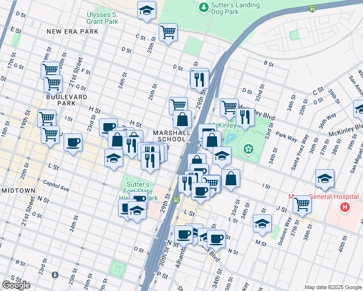 map of restaurants, bars, coffee shops, grocery stores, and more near 2830 H Street in Sacramento