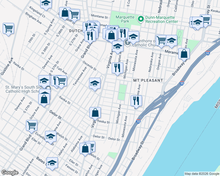 map of restaurants, bars, coffee shops, grocery stores, and more near 3217 Dakota St in St Louis