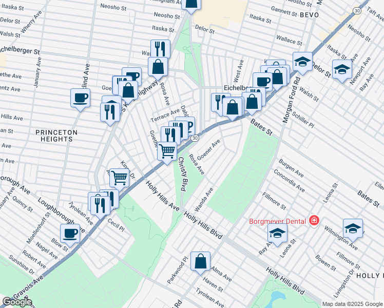 map of restaurants, bars, coffee shops, grocery stores, and more near 4517 Rosa Avenue in St. Louis