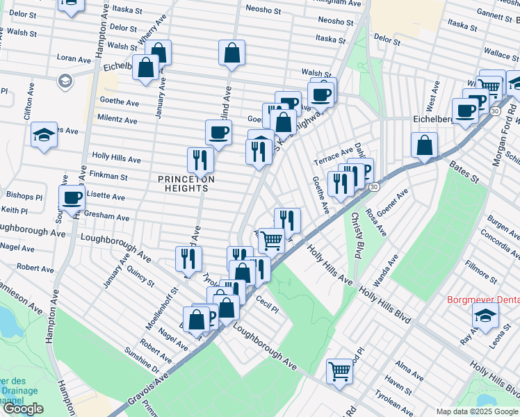 map of restaurants, bars, coffee shops, grocery stores, and more near 6010 South Kingshighway Boulevard in St. Louis