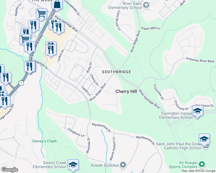 map of restaurants, bars, coffee shops, grocery stores, and more near 17370 Barrley Court in Dumfries