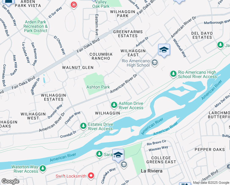 map of restaurants, bars, coffee shops, grocery stores, and more near 4212 American River Drive in Sacramento