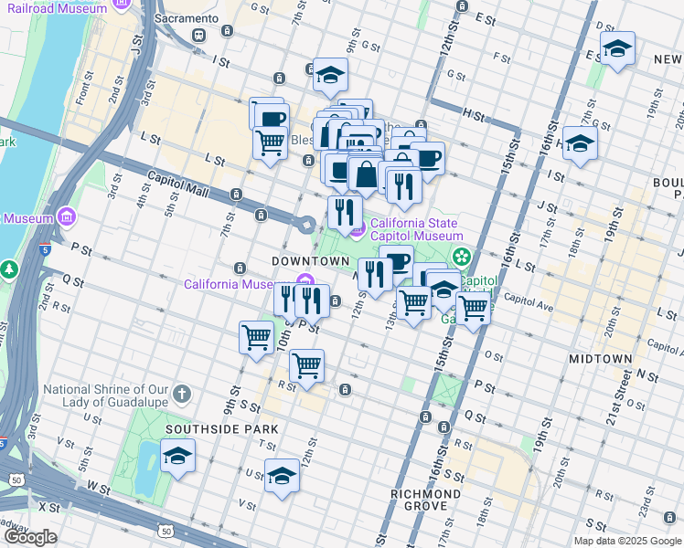 map of restaurants, bars, coffee shops, grocery stores, and more near 1100 Lincoln Highway in Sacramento