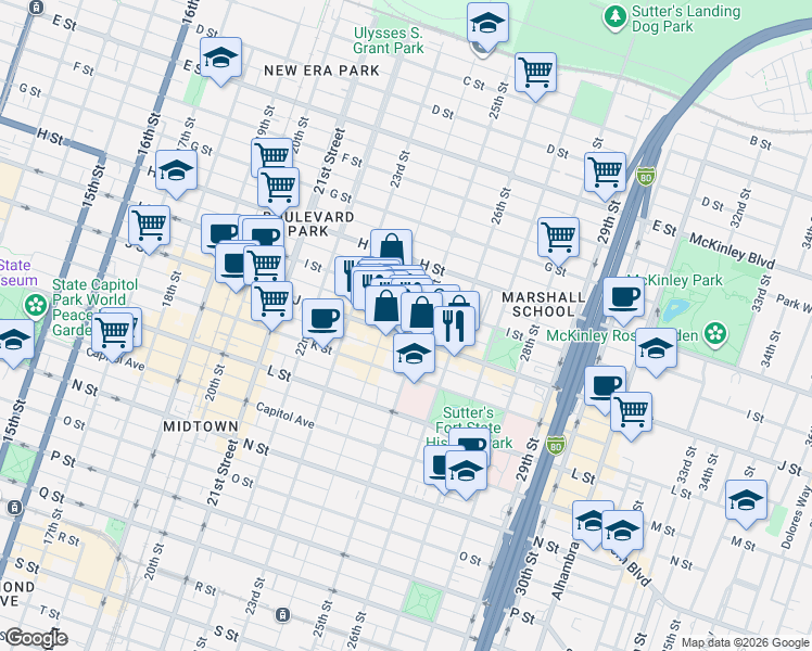 map of restaurants, bars, coffee shops, grocery stores, and more near 2417 J Street in Sacramento