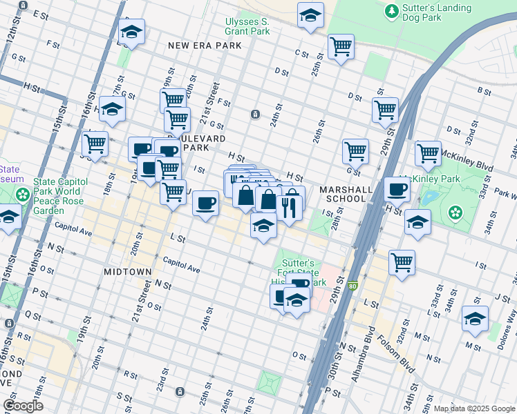 map of restaurants, bars, coffee shops, grocery stores, and more near 914 25th Street in Sacramento