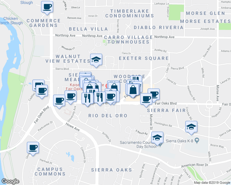 map of restaurants, bars, coffee shops, grocery stores, and more near 2345 Fair Oaks Boulevard in Sacramento