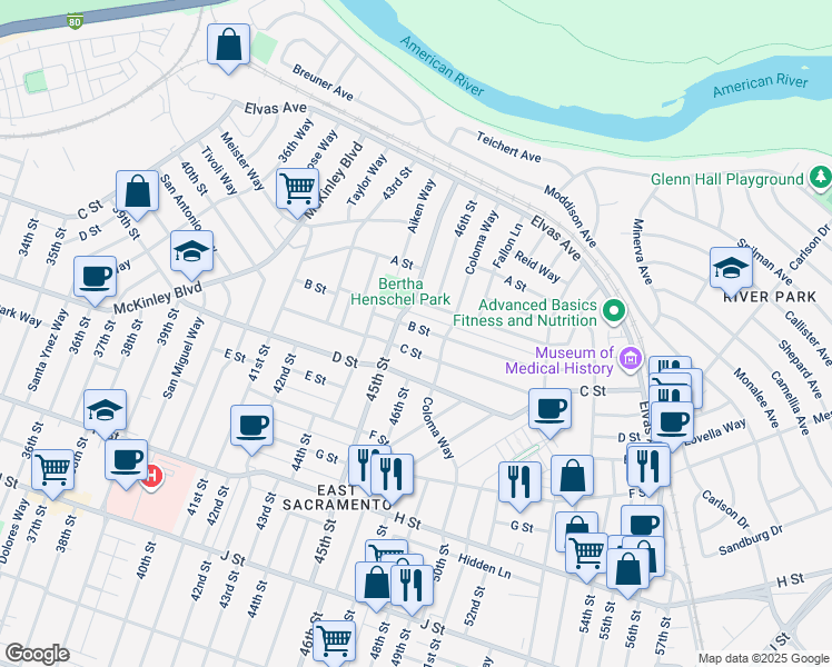 map of restaurants, bars, coffee shops, grocery stores, and more near 4524 B Street in Sacramento