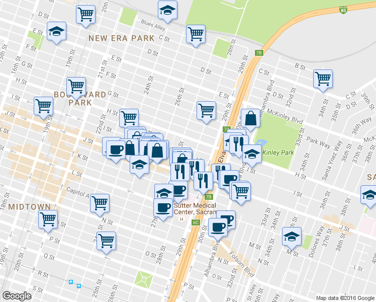 map of restaurants, bars, coffee shops, grocery stores, and more near 813 1/2 28th Street in Sacramento