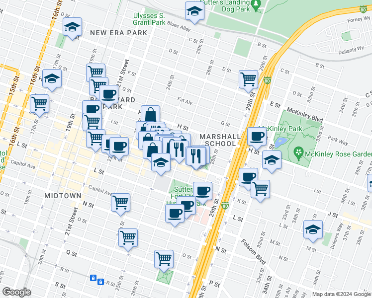 map of restaurants, bars, coffee shops, grocery stores, and more near 2528 I Street in Sacramento