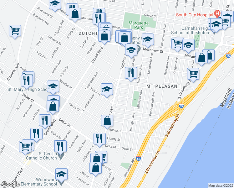map of restaurants, bars, coffee shops, grocery stores, and more near 4449 Virginia Avenue in St. Louis