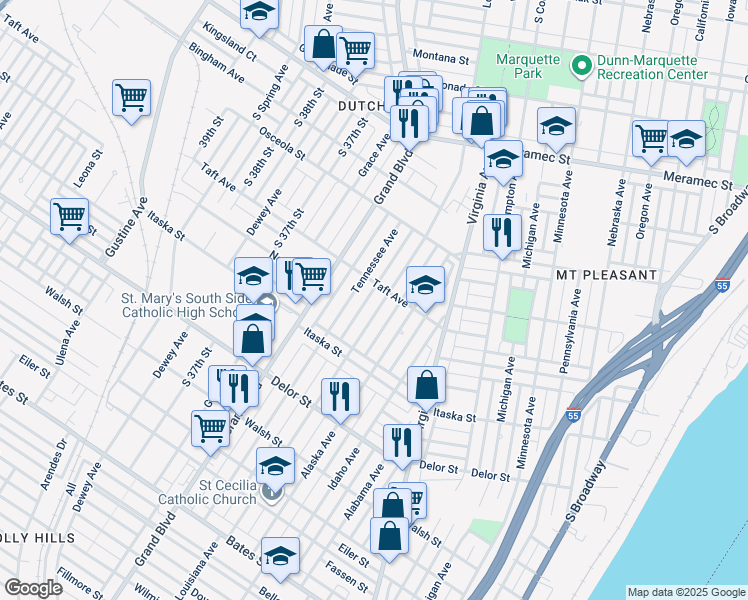 map of restaurants, bars, coffee shops, grocery stores, and more near 4613 Louisiana Avenue in St. Louis