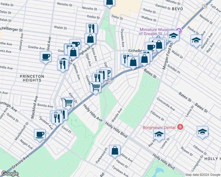 map of restaurants, bars, coffee shops, grocery stores, and more near 5867 Goener Avenue in St. Louis