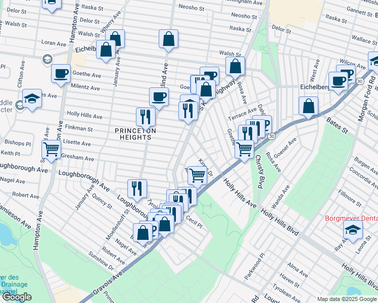map of restaurants, bars, coffee shops, grocery stores, and more near 6010 South Kingshighway Boulevard in St. Louis