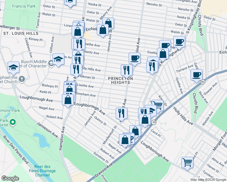 map of restaurants, bars, coffee shops, grocery stores, and more near 5500 Lisette Avenue in St. Louis
