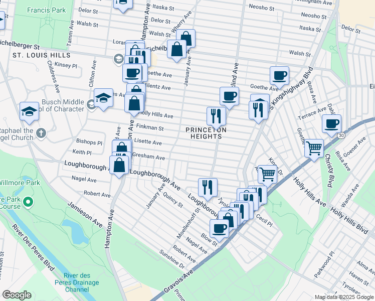 map of restaurants, bars, coffee shops, grocery stores, and more near 5500 Lisette Avenue in St. Louis
