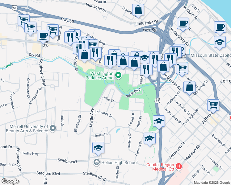 map of restaurants, bars, coffee shops, grocery stores, and more near 803 Montana Street in Jefferson City