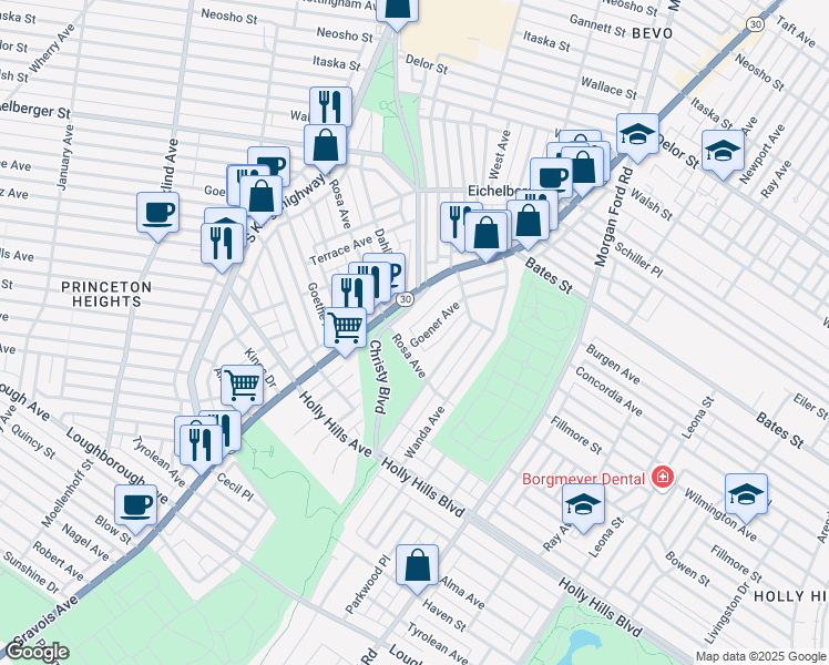 map of restaurants, bars, coffee shops, grocery stores, and more near 5867 Goener Avenue in St. Louis